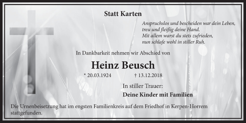  Traueranzeige für Heinz Beusch vom 22.12.2018 aus  Sonntags-Post 