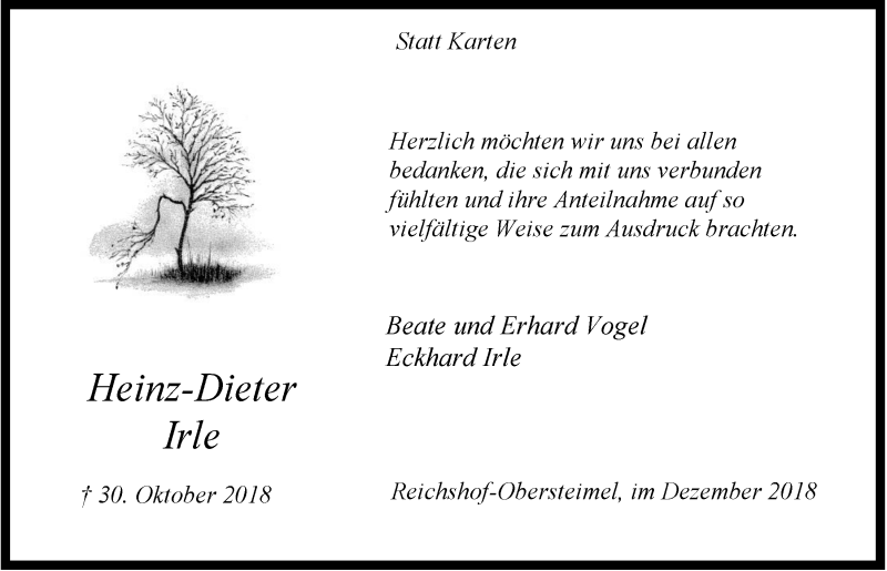  Traueranzeige für Heinz-Dieter Irle vom 12.12.2018 aus  Anzeigen Echo 