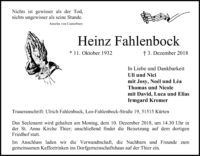  Traueranzeige für Heinz Fahlenbock vom 06.12.2018 aus Kölner Stadt-Anzeiger / Kölnische Rundschau / Express