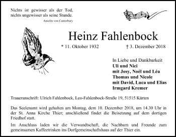 Anzeige von Heinz Fahlenbock von Kölner Stadt-Anzeiger / Kölnische Rundschau / Express