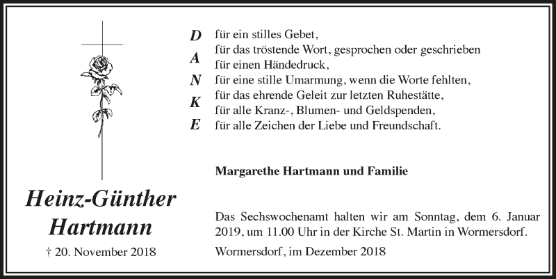  Traueranzeige für Heinz-Günther Hartmann vom 19.12.2018 aus  Schaufenster/Blickpunkt 