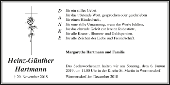 Anzeige von Heinz-Günther Hartmann von  Schaufenster/Blickpunkt 