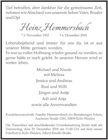 Anzeige von Heinz Hemmersbach von  Kölner Wochenspiegel 