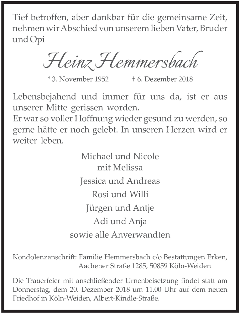  Traueranzeige für Heinz Hemmersbach vom 19.12.2018 aus  Kölner Wochenspiegel 