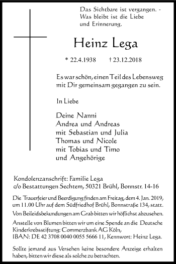 Anzeige von Heinz Lega von Kölner Stadt-Anzeiger / Kölnische Rundschau / Express