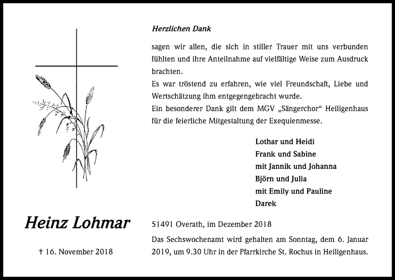  Traueranzeige für Heinz Lohmar vom 22.12.2018 aus Kölner Stadt-Anzeiger / Kölnische Rundschau / Express