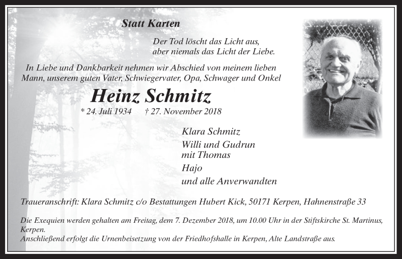  Traueranzeige für Heinz Schmitz vom 05.12.2018 aus  Werbepost 
