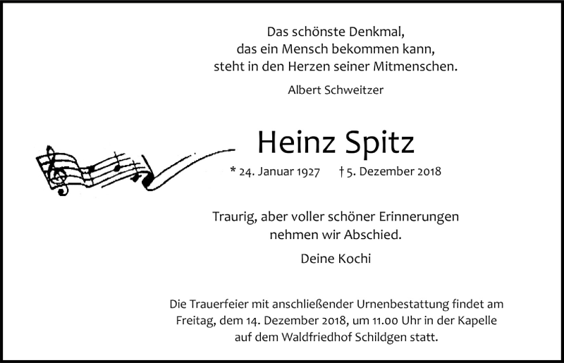  Traueranzeige für Heinz Spitz vom 12.12.2018 aus  Bergisches Handelsblatt 
