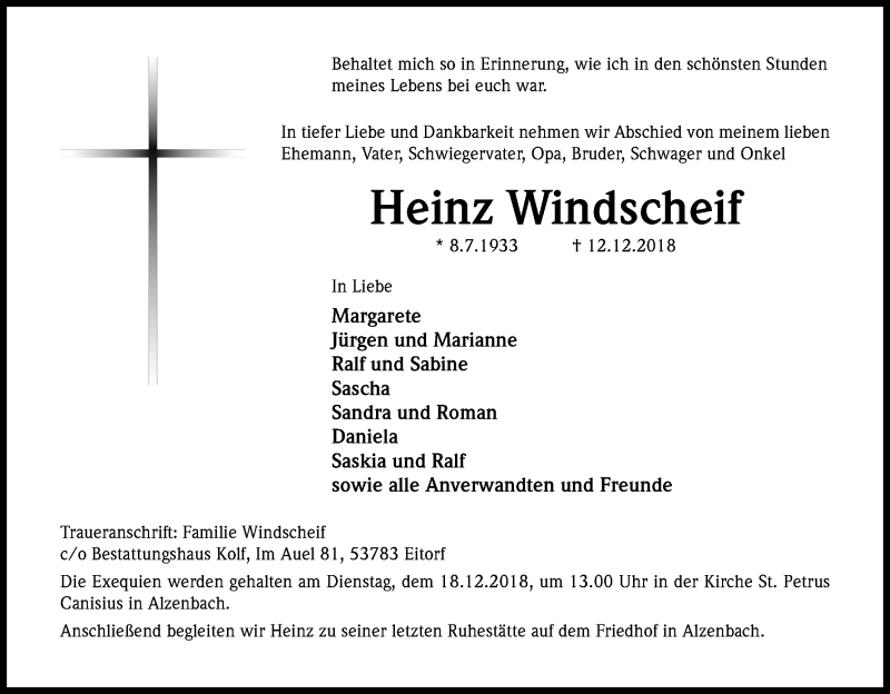  Traueranzeige für Heinz Windscheif vom 14.12.2018 aus Kölner Stadt-Anzeiger / Kölnische Rundschau / Express