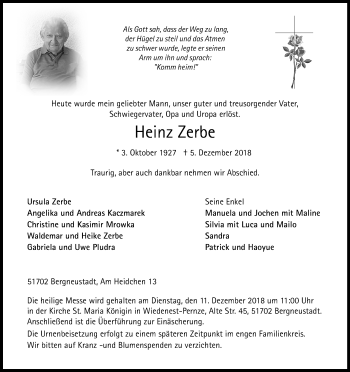 Anzeige von Heinz Zerbe von Kölner Stadt-Anzeiger / Kölnische Rundschau / Express