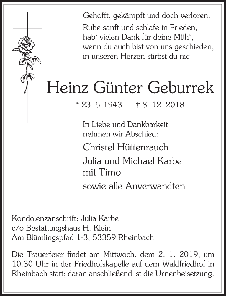  Traueranzeige für Heinz Günter Geburrek vom 19.12.2018 aus  Schaufenster/Blickpunkt 