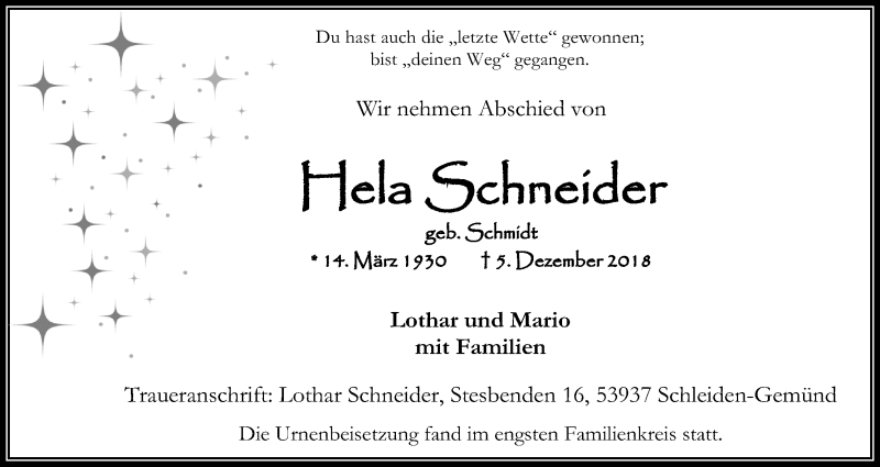  Traueranzeige für Hela Schneider vom 12.12.2018 aus Kölner Stadt-Anzeiger / Kölnische Rundschau / Express