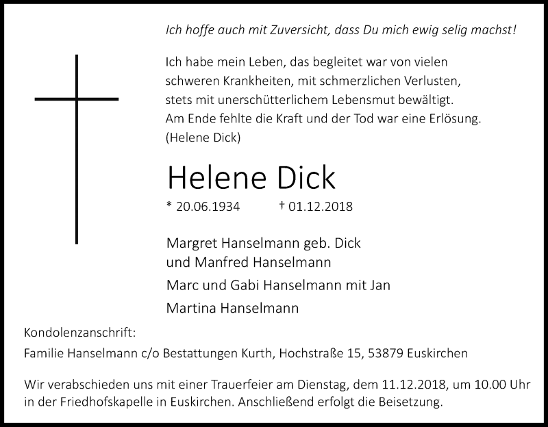  Traueranzeige für Helene Dick vom 06.12.2018 aus Kölner Stadt-Anzeiger / Kölnische Rundschau / Express