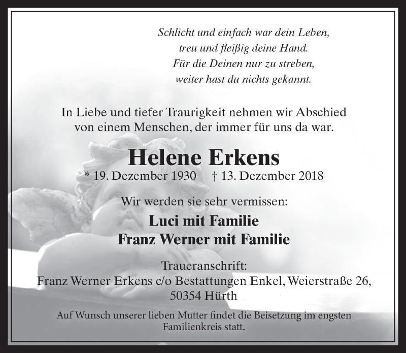  Traueranzeige für Helene Erkens vom 19.12.2018 aus  Wochenende 