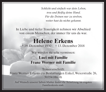 Anzeige von Helene Erkens von  Wochenende 