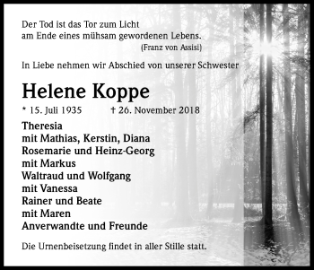 Anzeige von Helene Koppe von Kölner Stadt-Anzeiger / Kölnische Rundschau / Express