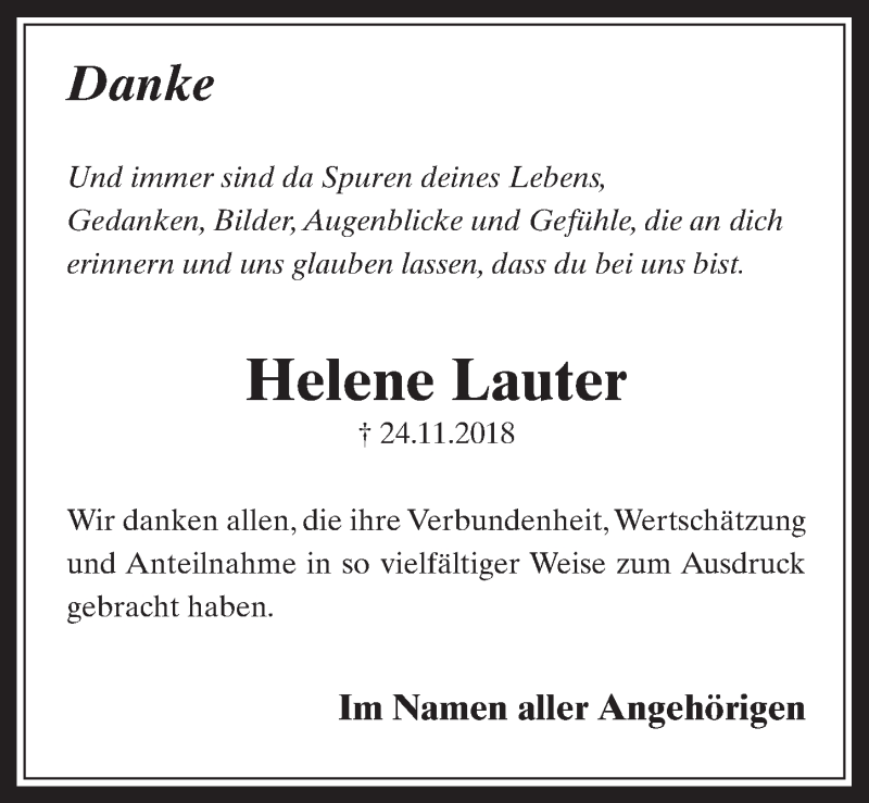  Traueranzeige für Helene Lauter vom 12.12.2018 aus  Wochenende 