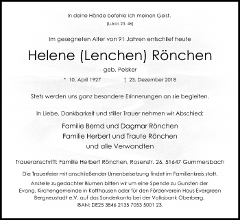 Anzeige von Helene Lenchen Rönchen von Kölner Stadt-Anzeiger / Kölnische Rundschau / Express