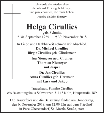 Anzeige von Helga Cirullies von  Kölner Wochenspiegel 
