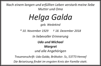 Anzeige von Helga Galda von  Rhein-Sieg-Wochenende 