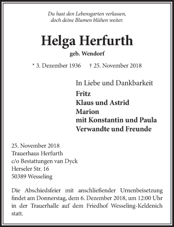 Anzeige von Helga Herfurth von  Schlossbote/Werbekurier 