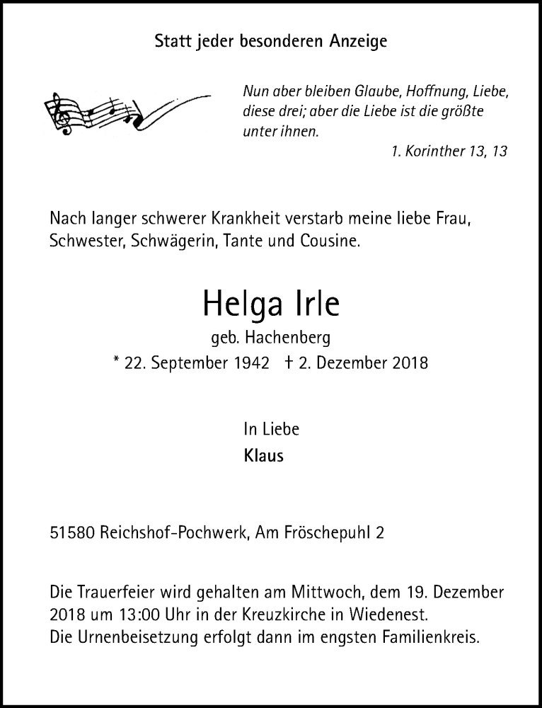  Traueranzeige für Helga Irle vom 12.12.2018 aus  Anzeigen Echo 