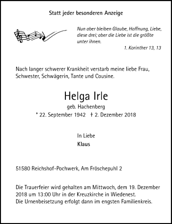 Anzeige von Helga Irle von  Anzeigen Echo 