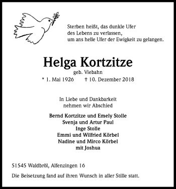 Anzeige von Helga Kortzitze von Kölner Stadt-Anzeiger / Kölnische Rundschau / Express