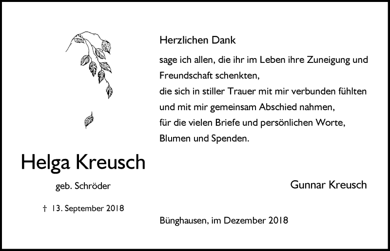  Traueranzeige für Helga Kreusch vom 05.12.2018 aus  Anzeigen Echo 