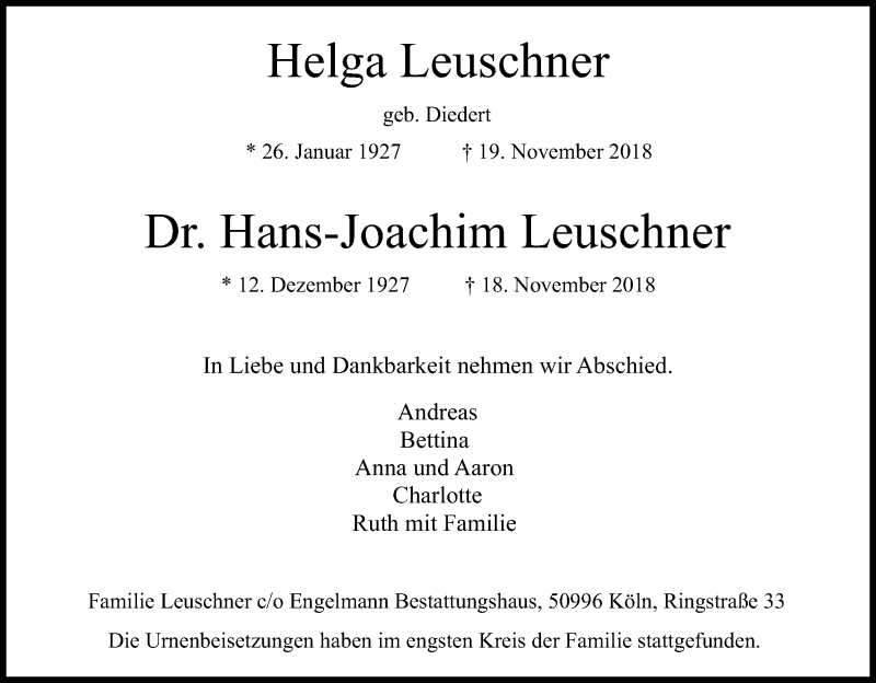  Traueranzeige für Helga Leuschner vom 05.12.2018 aus Kölner Stadt-Anzeiger / Kölnische Rundschau / Express