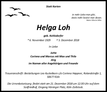 Anzeige von Helga Loh von Kölner Stadt-Anzeiger / Kölnische Rundschau / Express