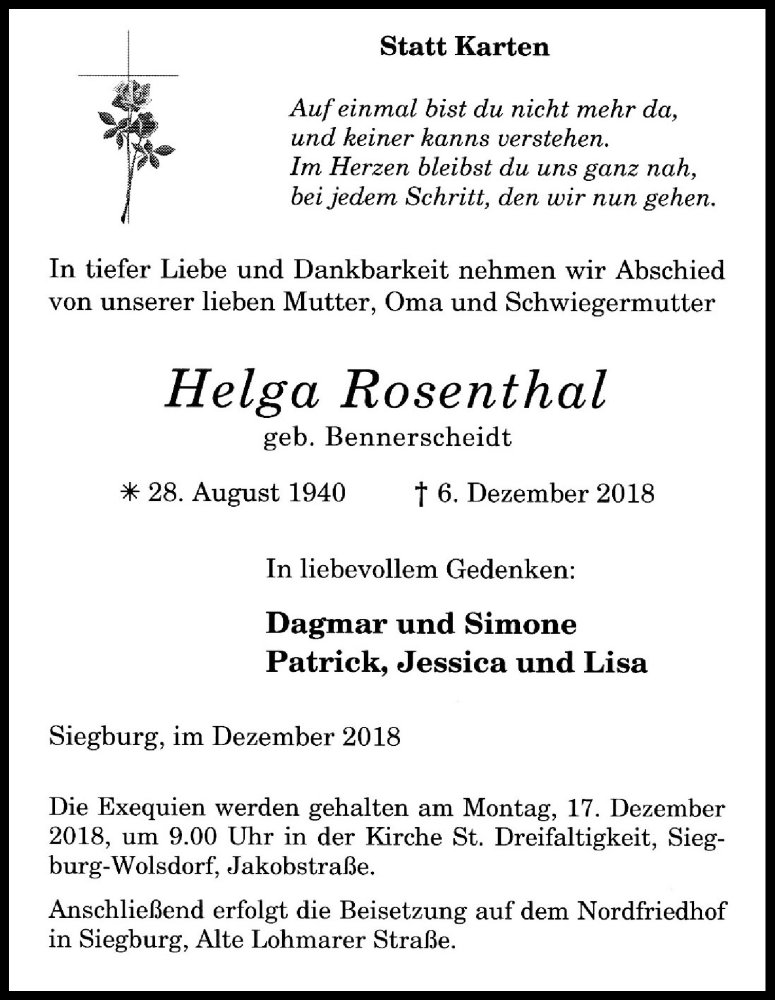 Traueranzeige für Helga Rosenthal vom 12.12.2018 aus Kölner Stadt-Anzeiger / Kölnische Rundschau / Express