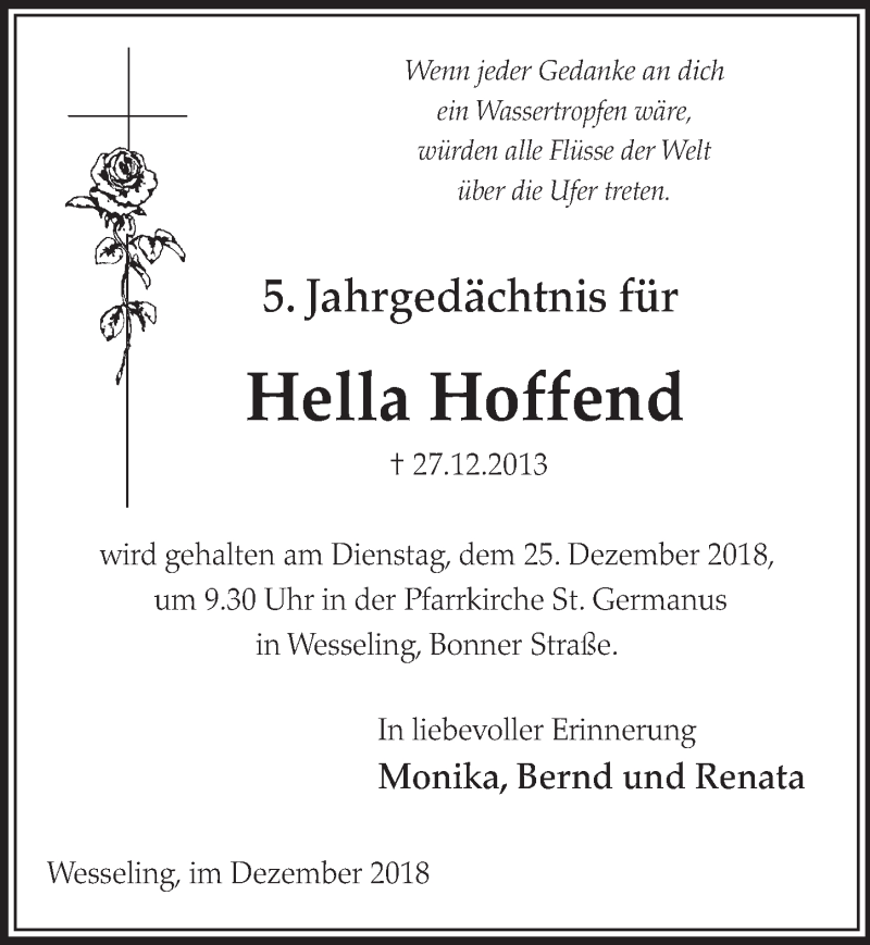  Traueranzeige für Hella Hoffend vom 19.12.2018 aus  Schlossbote/Werbekurier 