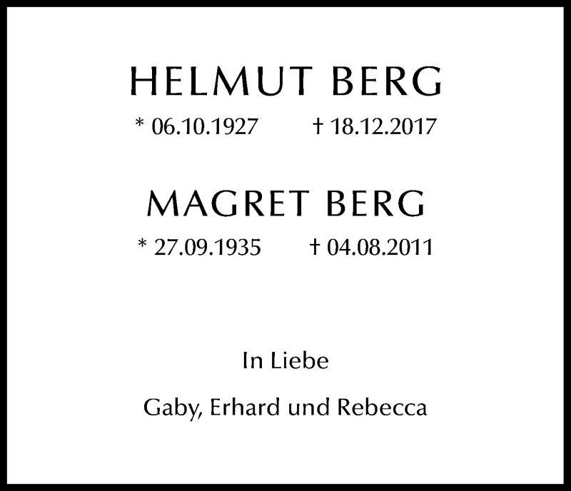  Traueranzeige für Helmut Berg vom 18.12.2018 aus Kölner Stadt-Anzeiger / Kölnische Rundschau / Express