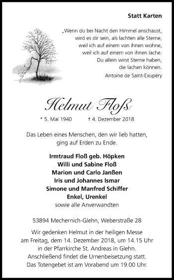 Anzeige von Helmut Floß von Kölner Stadt-Anzeiger / Kölnische Rundschau / Express