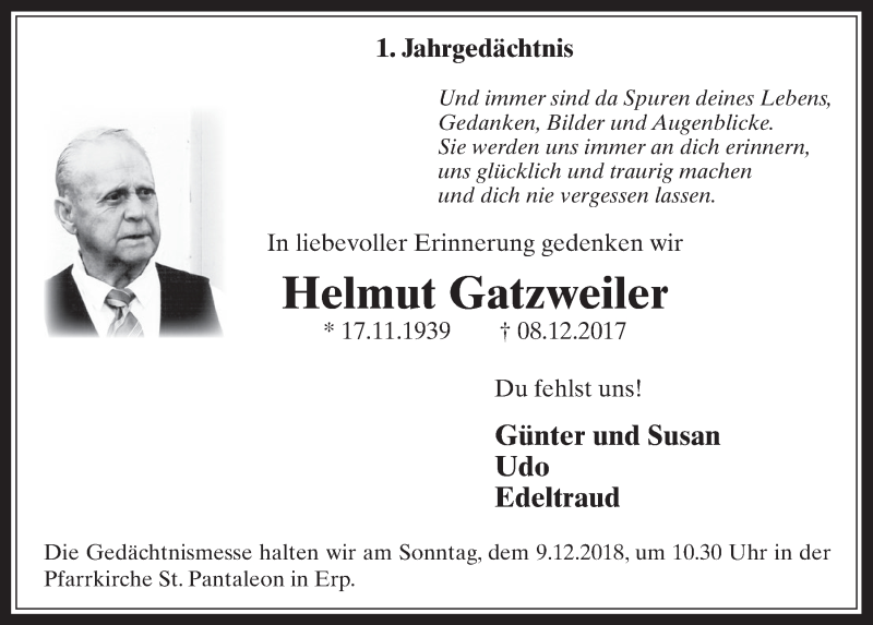  Traueranzeige für Helmut Gatzweiler vom 05.12.2018 aus  Werbepost 