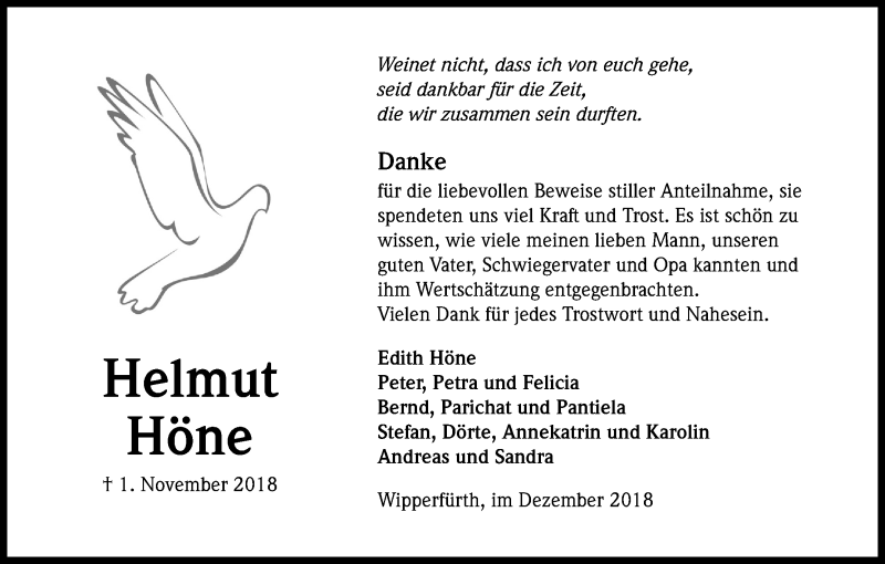  Traueranzeige für Helmut Höne vom 22.12.2018 aus Kölner Stadt-Anzeiger / Kölnische Rundschau / Express