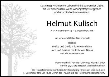 Anzeige von Helmut Kulisch von Kölner Stadt-Anzeiger / Kölnische Rundschau / Express