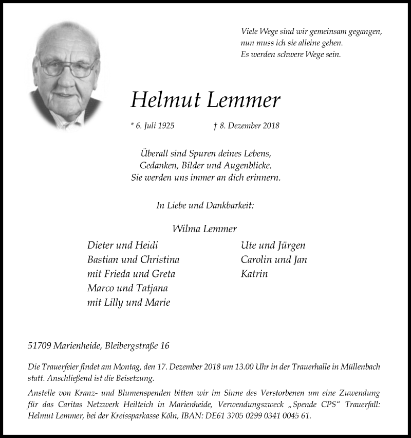  Traueranzeige für Helmut Lemmer vom 12.12.2018 aus Kölner Stadt-Anzeiger / Kölnische Rundschau / Express