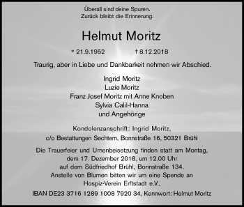 Anzeige von Helmut Moritz von Kölner Stadt-Anzeiger / Kölnische Rundschau / Express