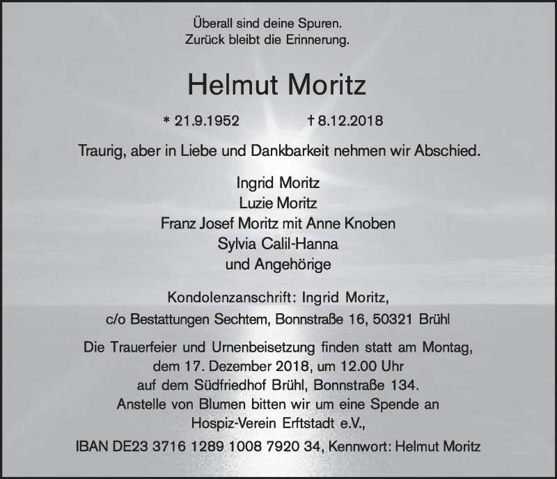  Traueranzeige für Helmut Moritz vom 12.12.2018 aus  Schlossbote/Werbekurier  Werbepost 