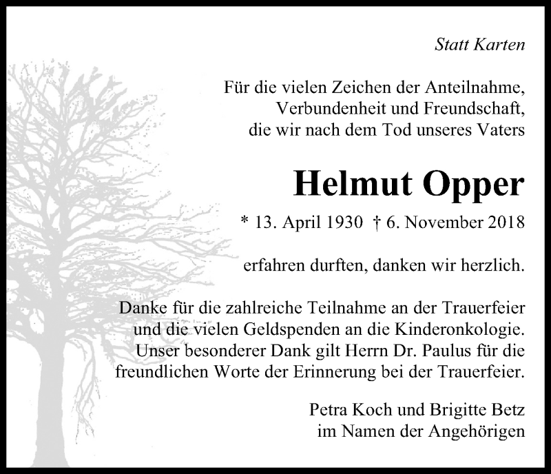  Traueranzeige für Helmut Opper vom 08.12.2018 aus Kölner Stadt-Anzeiger / Kölnische Rundschau / Express