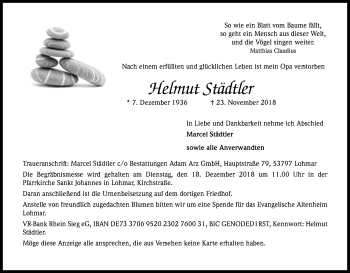 Anzeige von Helmut Städtler von Kölner Stadt-Anzeiger / Kölnische Rundschau / Express