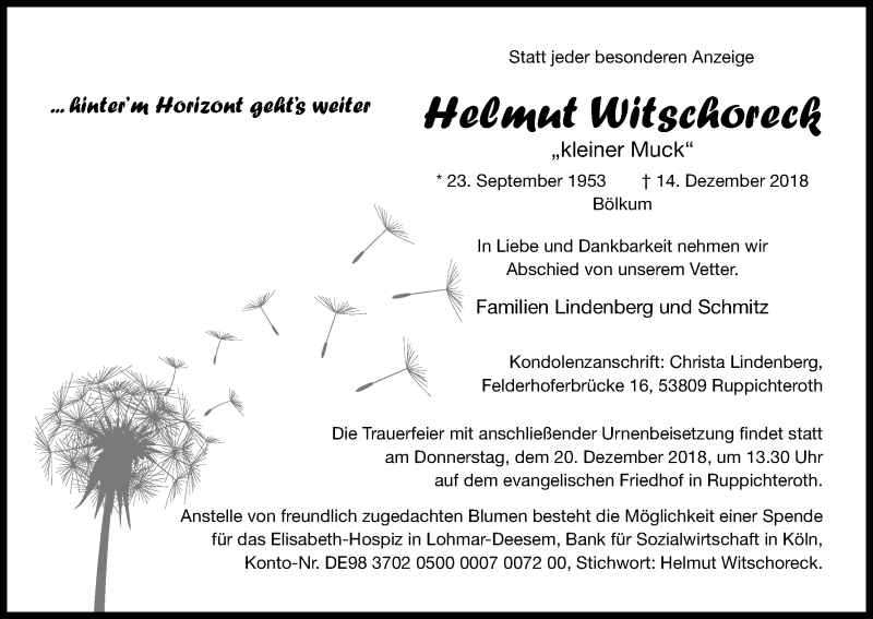  Traueranzeige für Helmut Witschoreck vom 18.12.2018 aus Kölner Stadt-Anzeiger / Kölnische Rundschau / Express