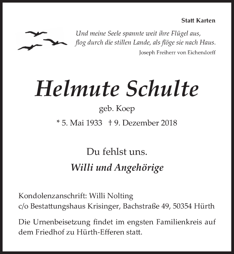  Traueranzeige für Helmute Schulte vom 12.12.2018 aus  Wochenende 