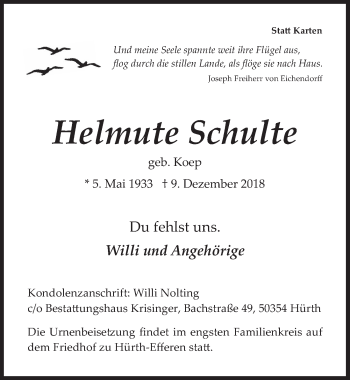 Anzeige von Helmute Schulte von  Wochenende 