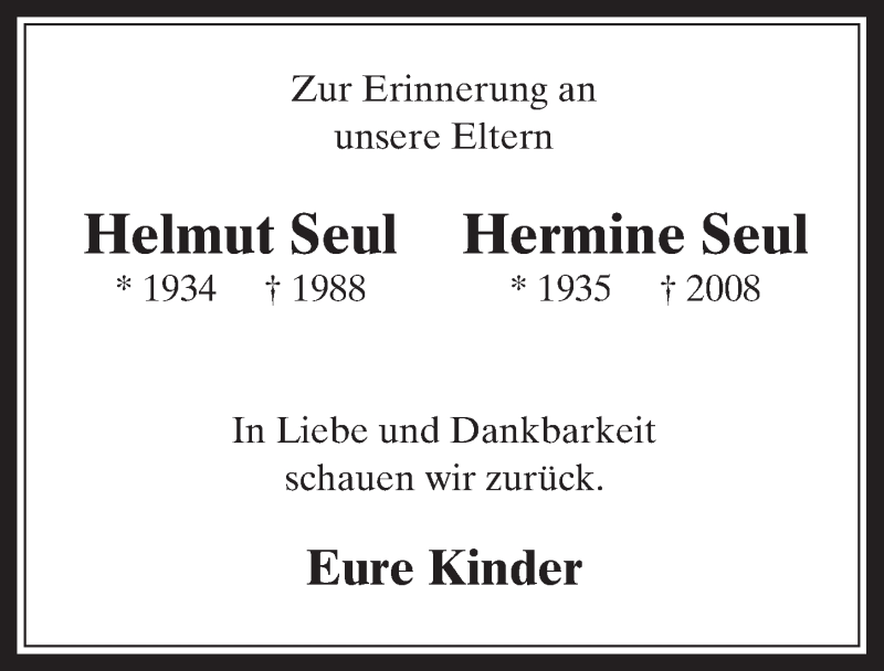  Traueranzeige für Helmut und Hermine Seul vom 12.12.2018 aus  Werbepost 
