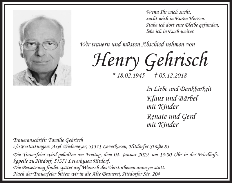  Traueranzeige für Henry Gehrisch vom 19.12.2018 aus  Lokale Informationen 