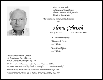 Anzeige von Henry Gehrisch von Kölner Stadt-Anzeiger / Kölnische Rundschau / Express