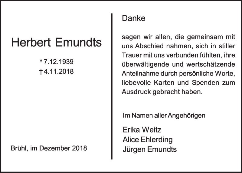  Traueranzeige für Herbert Emundts vom 12.12.2018 aus  Schlossbote/Werbekurier 